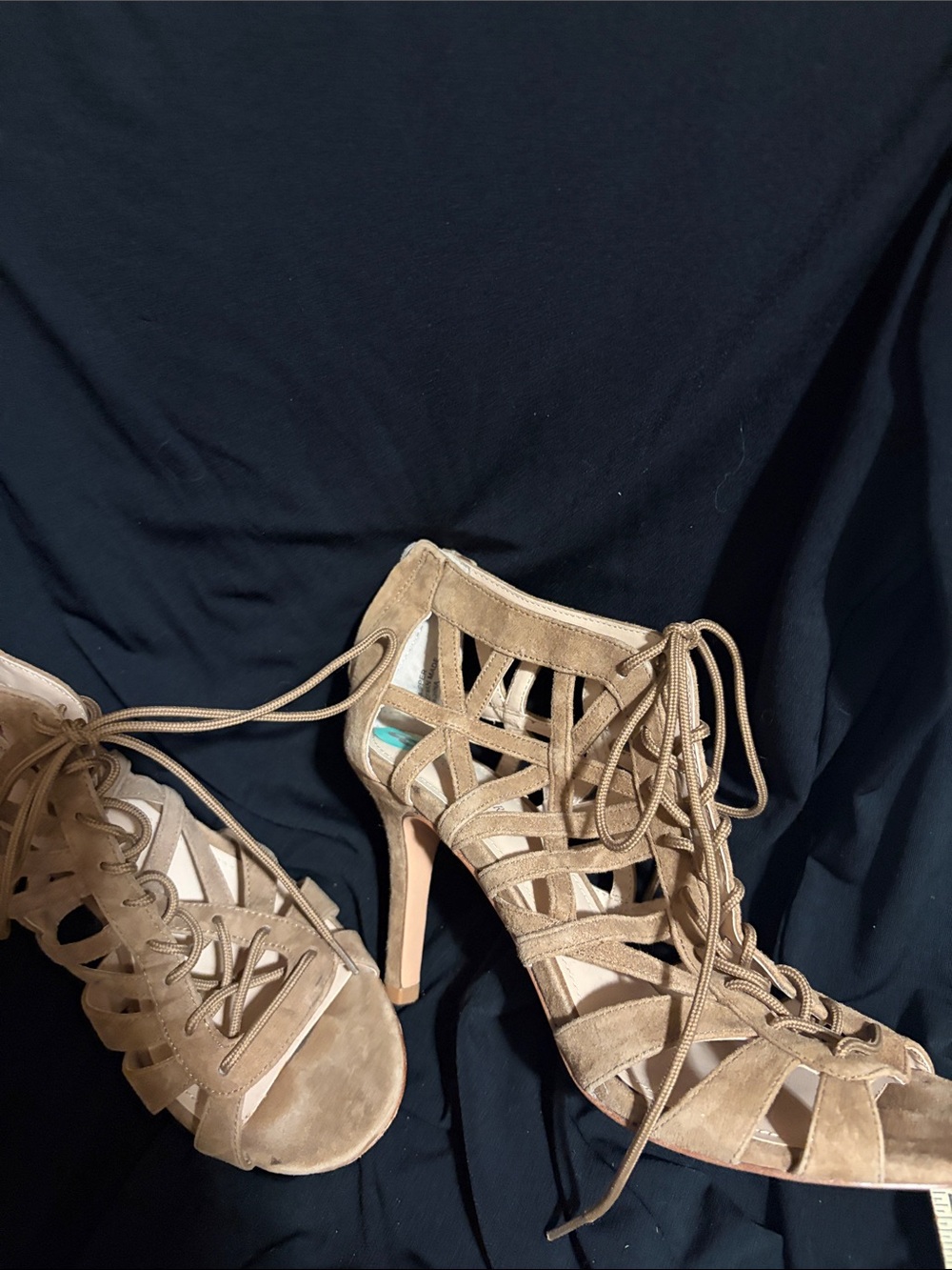 Pour La Victoire Tan Suede Lace-Up Strappy Heels